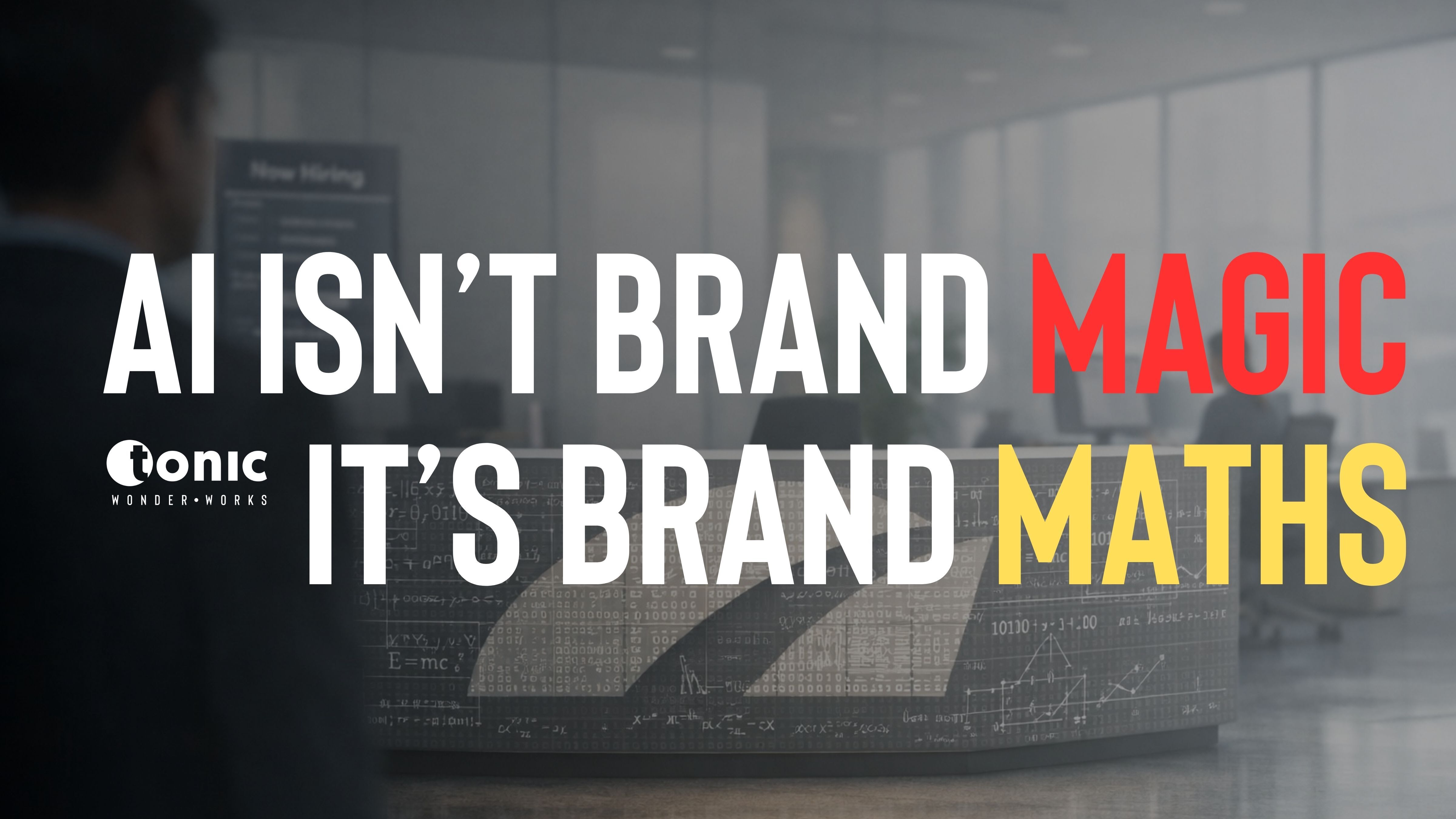 An office space covered in equations and binary data